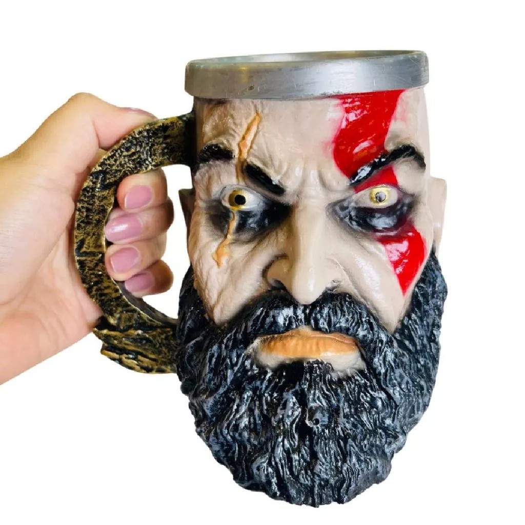 Kit Caneca Copo 3D 200ml + Kratos Machado P God of War Playstation Colecionável Geek Gamer