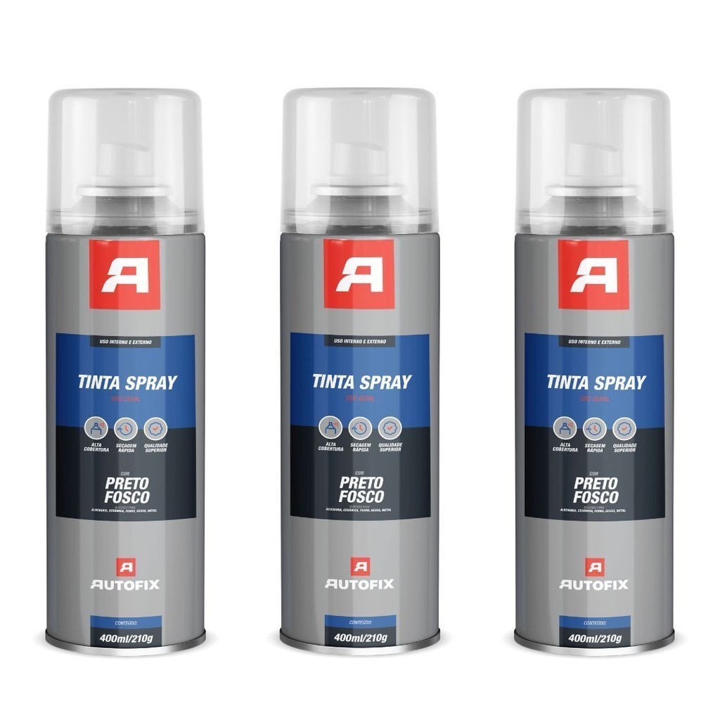 Kit 3 Tintas Sprays Uso Geral 400ml - Autofix 400ml / 210g - Preto Fosco OK em Oferta na Shopee