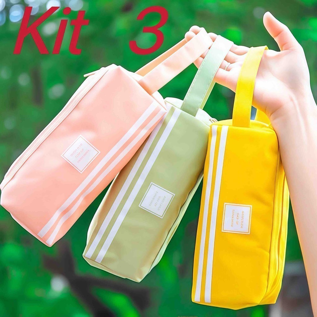 Kit 3 estojo portátil de lona de papelaria dupla camada
