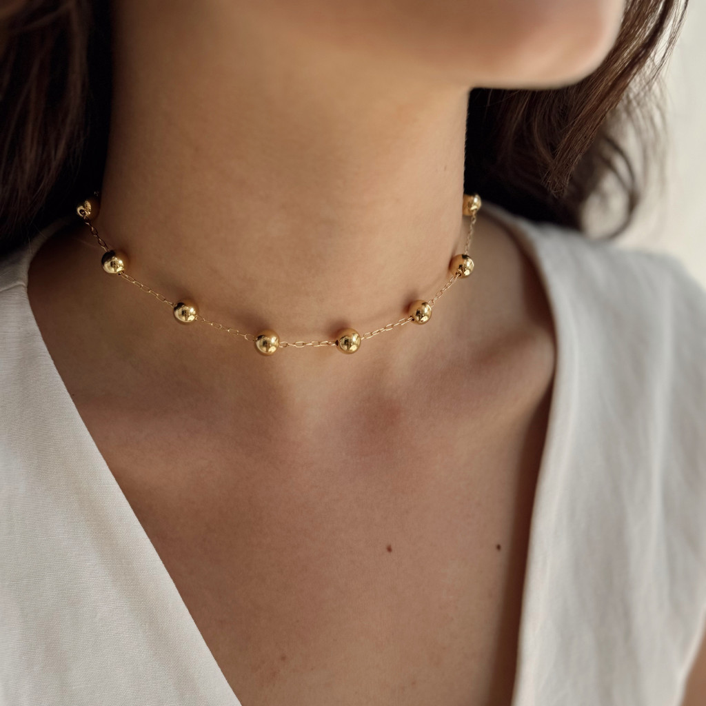 Colar Choker Bolas Douradas Lisa Banhada Ouro 18k