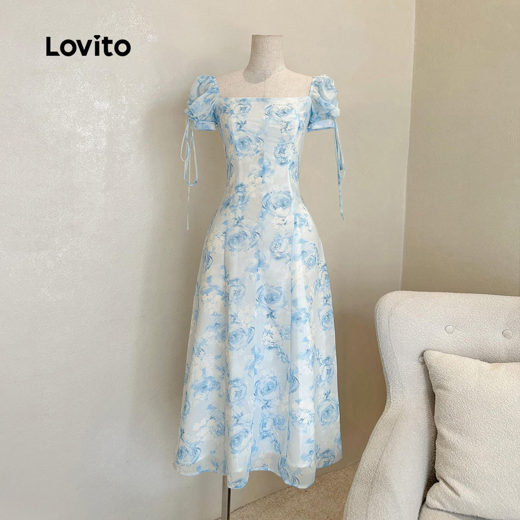 Lovito Vestido Casual Floral Com Cadarço E Botão Duplo Para Mulheres L86ED346 em Oferta na Shopee