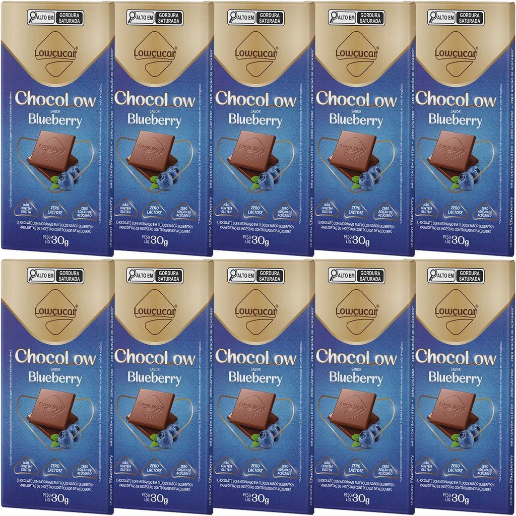 Kit com 10 Unidades de Chocolate Chocolow sabor Blueberry Zero Lactose 30G