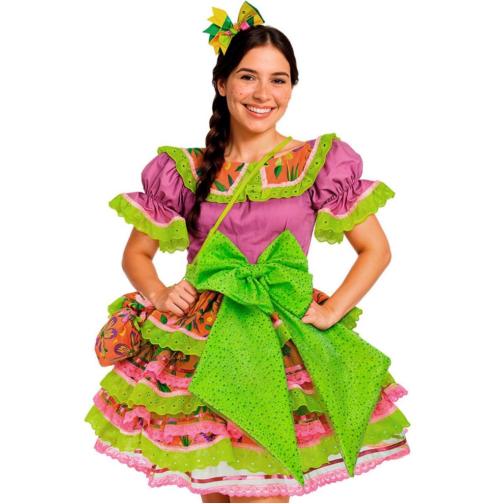 Vestido Festa Junina Adulto Feminino de Luxo Super Rodado Com Bolsa Preto e Rosa