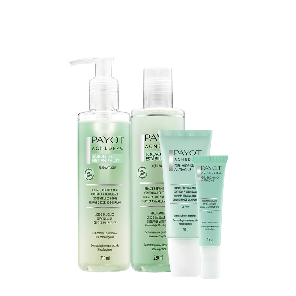 Kit Payot Acnederm Gel Hidratante Antiacne Secativo Sabonete Líquido e Tônico (4 produtos) em Oferta na Shopee