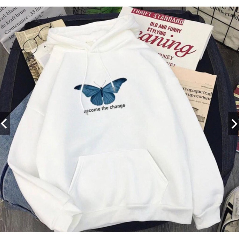 Moletom Feminino Borboleta Azul Become the Change Butterfly Blusa de Frio Canguru com bolso e capuz