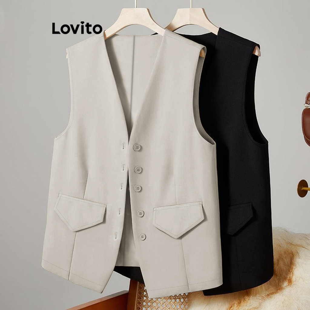 (Trendy) Lovito Regata Casual De Verão Com Botão Frontal E Ombro Frio Para Mulheres LNE52456 em Oferta na Shopee