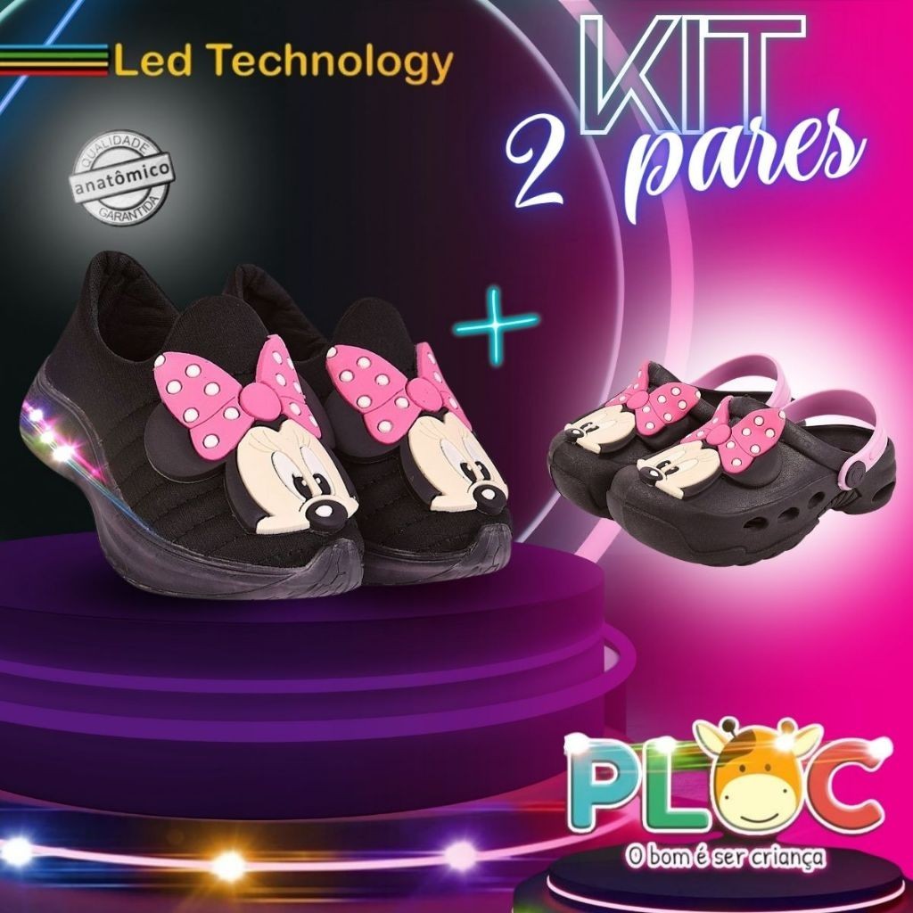 KIT 2 PARES PLOC - 1 TÊNIS LED + 1 BABUCHE MINNIE PRETO (LED03 PRETO + BAB03 PRETO - MINNIE LAÇO ROSA )