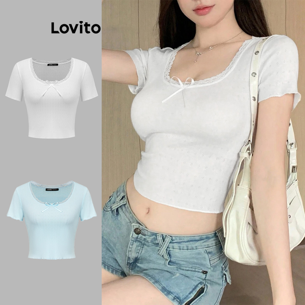 Lovito Linda Camiseta De Verão/Primavera Com Laço Frontal E Renda Para Mulheres L88AD050 (Multicolorido) - Women Clothes