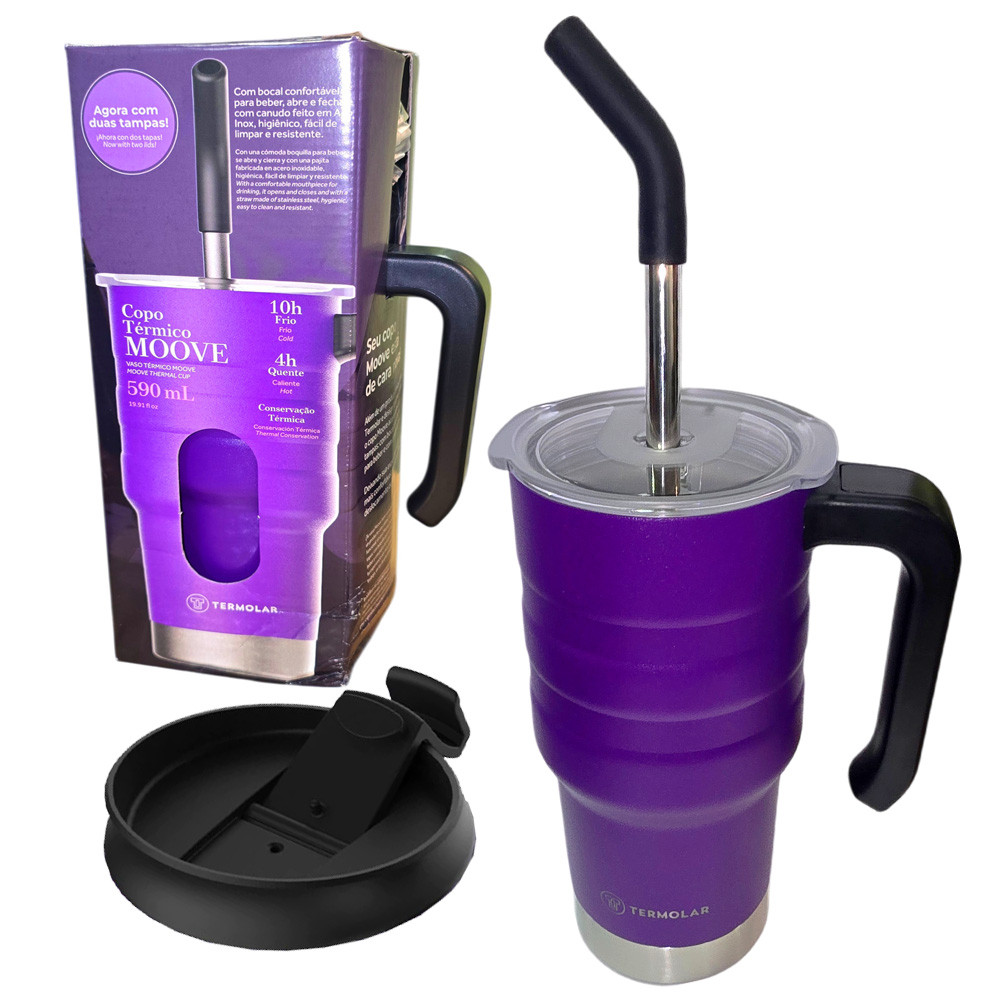 Copo Térmico Roxo Com Tampa E Canudo 590ml Inox 304 Antivazamento Bebida Quente Frio Termolar em Oferta na Shopee