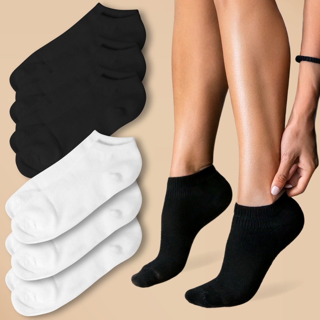 Kit 3 Pares Meias Curta Soquete Feminina Cano Baixo Branca ou Preta Unissex