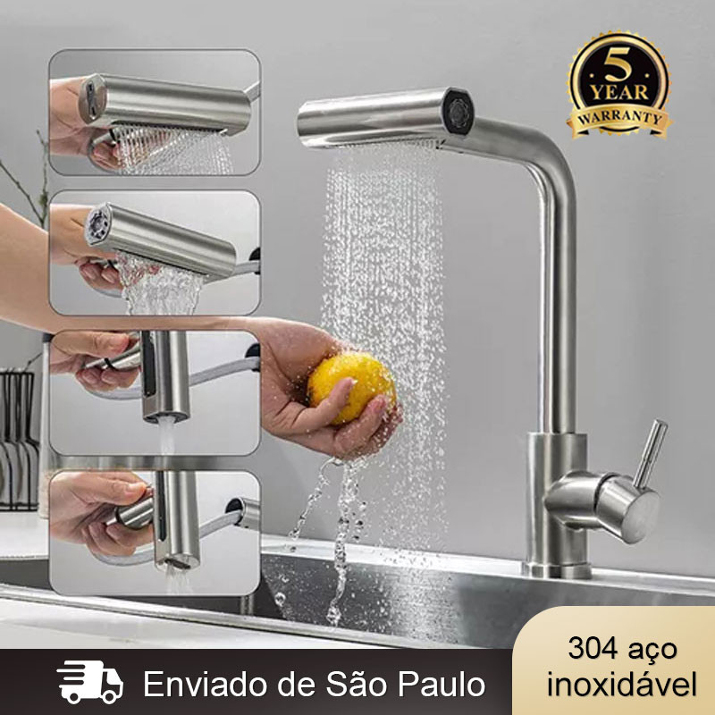 Torneira De Cozinha Água 4 Jatos Flexível Inox 304 Com Spray Flexível Rotação de