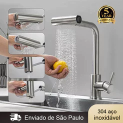 Torneira De Cozinha Água 4 Jatos Flexível Inox 304 Com Spray Flexível Rotação de 360° Prata Escovado