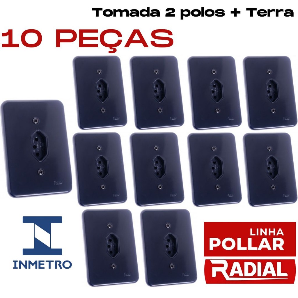 Kit 10 Tomada única 10a 20a Completa Preta Bivolt 2 Polos + Terra