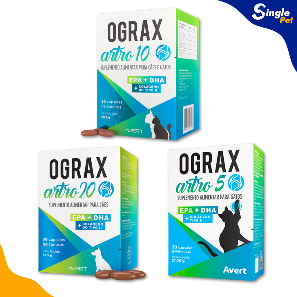 Suplemento Alimentar Ograx Artro 5, 10 e 20 para Cães e Gatos - 30 Cápsulas - com Ômega 3