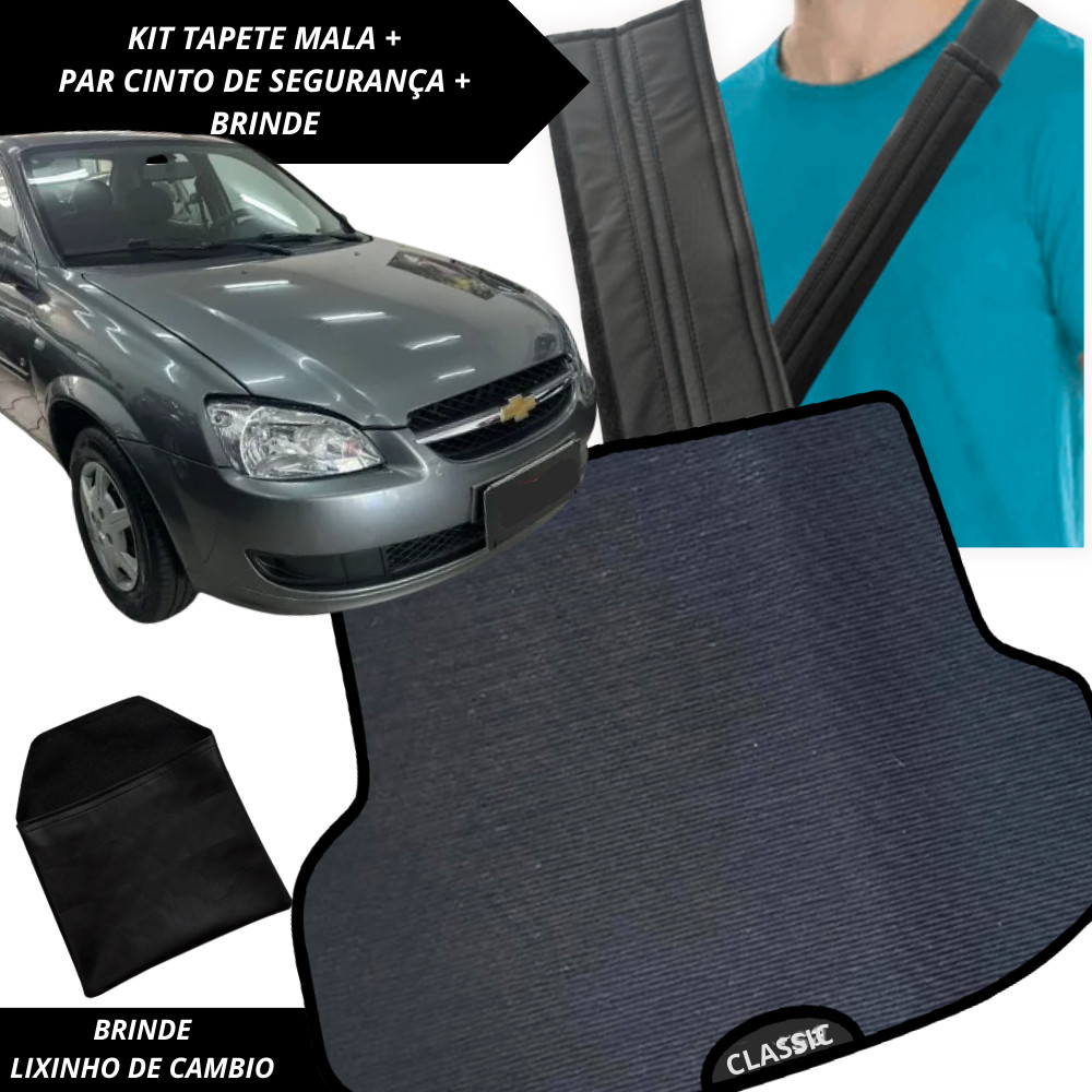 Tapete Emborrachado Porta Malas Corsa Classic 2011 a 2016 + 2 Capas Cinto Segurança Acessório Carro