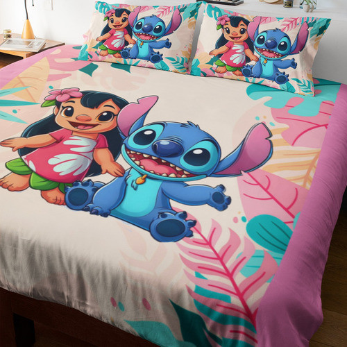 Colcha Lençol Casal Lilo & Stitch Floral Ponto Kawaii Estit Cor Rosa Desenho Do Tecido Lilo E Stitch Feliz Floral