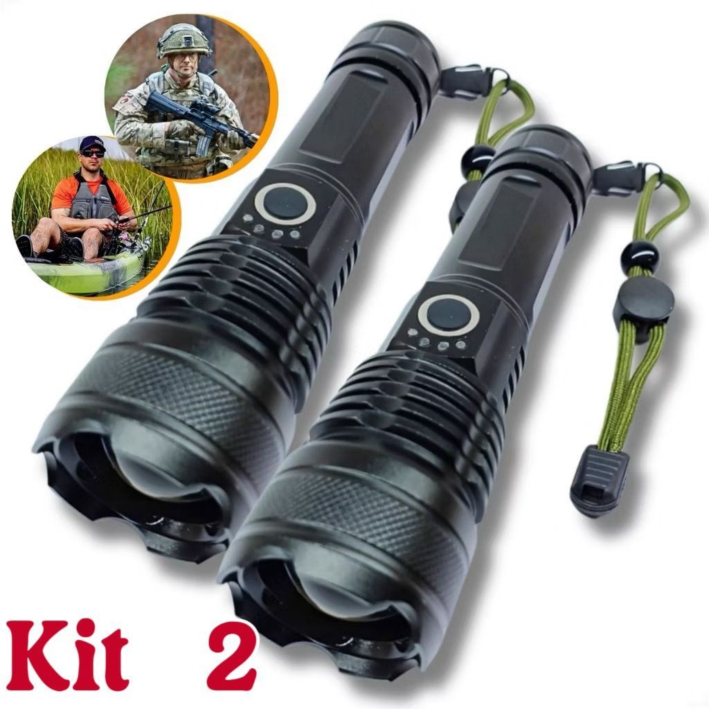 Kit   Lanternas Super Potente T9 Tática Mais Forte Do Mundo Sitio Fazenda Acampamento Camping Segurança Recarregável USB