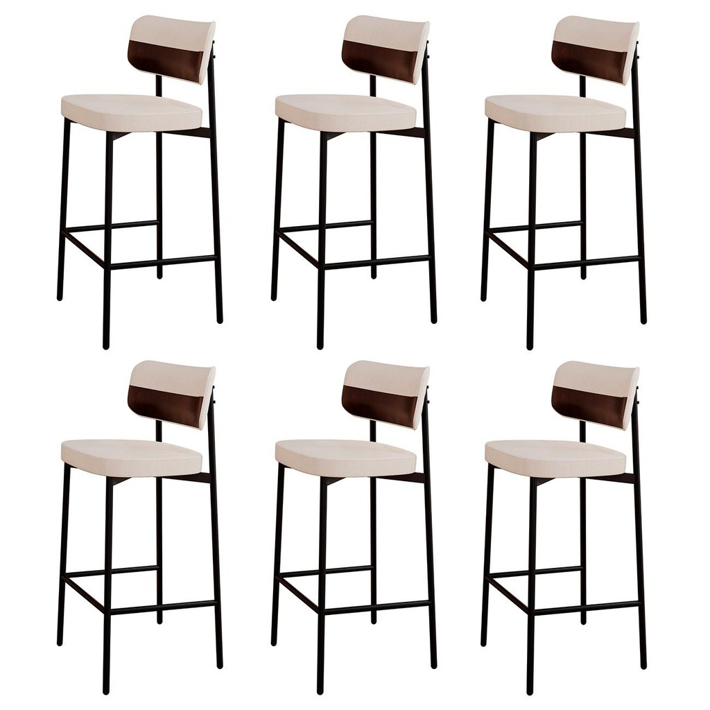 Banqueta Alta Bar Estofada Kit 6 Ella M25 Linho Palha/Café - Mpozenato