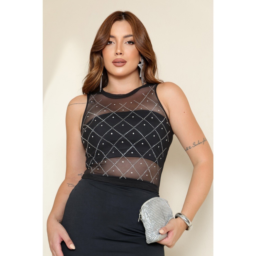 Cropped com Top feminino brilho strass pedraria tule transparente Pontinho