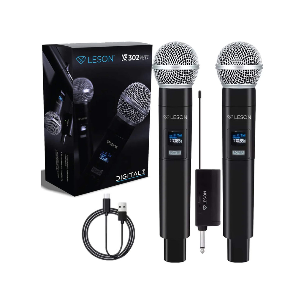 Microfone Duplo Sem Fio de Mão Dinâmico Profissional Karaokê LS302 Leson - 2AM002307 em Oferta na Shopee