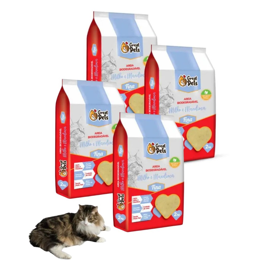 Kit Areia Higiênica Biodegradável Great Pets Gatos 8 Kg (4 pacotes de 2 kg) - Grãos Finos em Oferta na Shopee