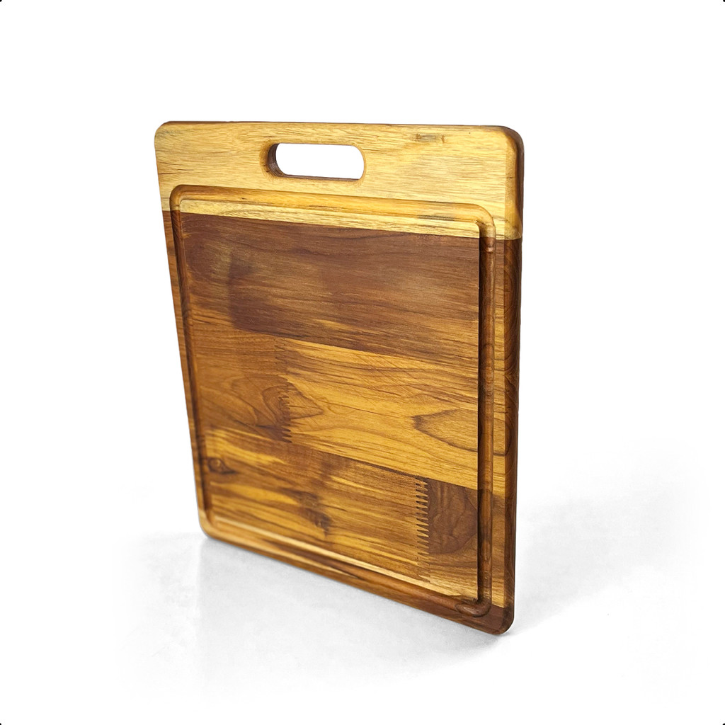 Tábua de Corte Retangular Madeira Teca 38x32,5cm com Sulco Escorredor Resistente e Durável Churrasco
