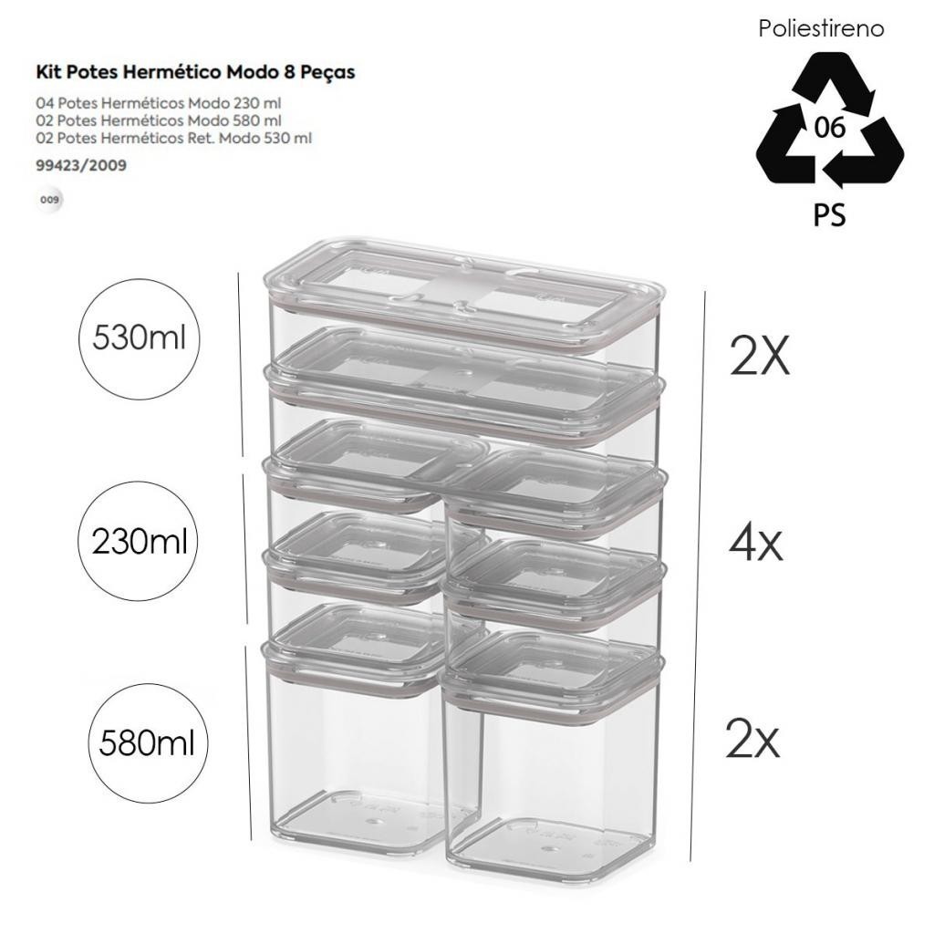 Detalhes do Conjunto de Potes Herméticos Empilhável Coza Modo Cristal 8 Peças