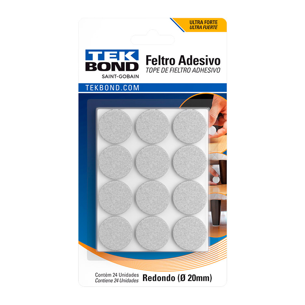 Feltro Adesivo Tek Bond Redondo Branco 20mm Com 24 Unidades