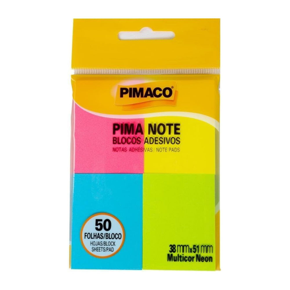 Bloco recado adesivo Pima Note Multicor Neon 4 blocos de 38x51mm 50 folhas Pimaco - Stationery