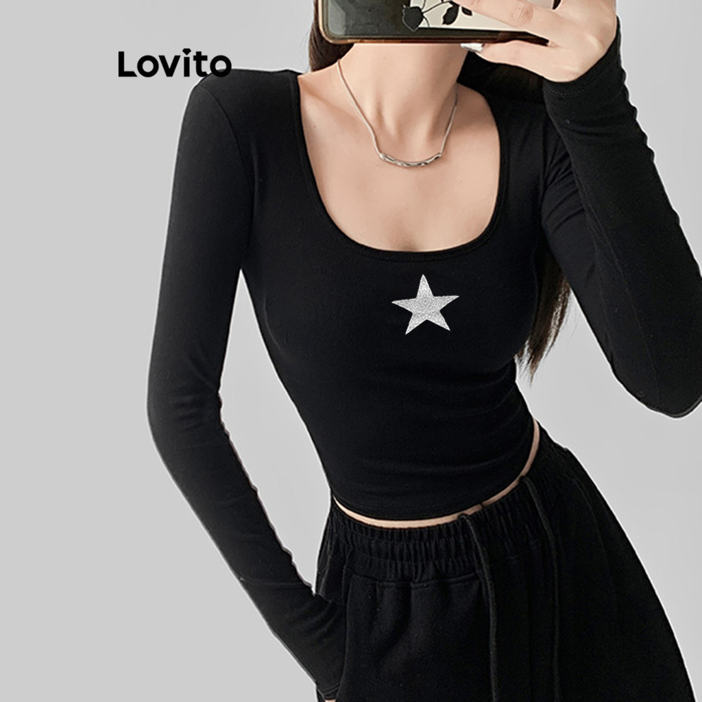 (Trendy) Lovito Camiseta Casual Lisa Estrela Para Mulheres L117AD031 - Women Clothes