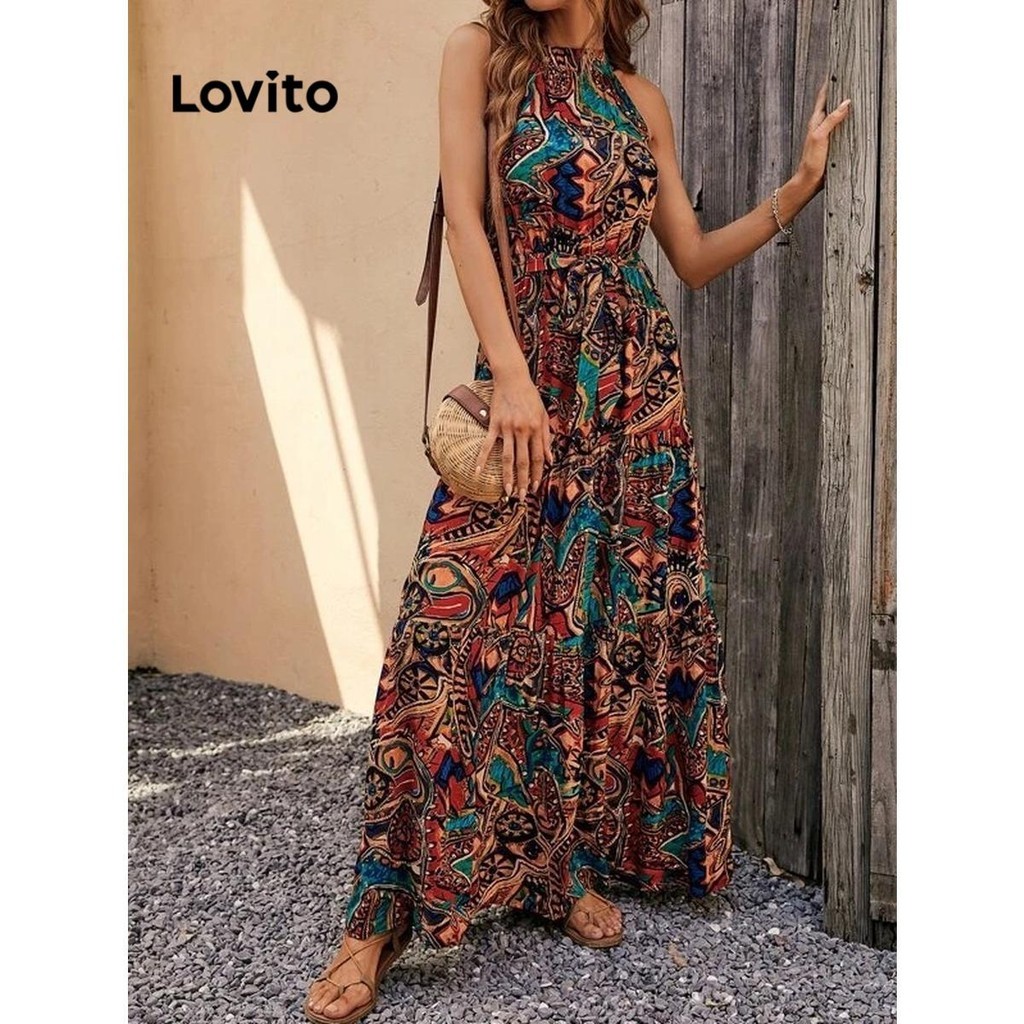 (Trendy) Lovito Vestido Boho Tribal com cinto para mulheres LNL68284 - Women Clothes