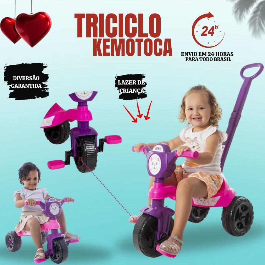 Kemotoca Triciclo de Passeio Infantil Com Haste de Empurrar E Barra de Proteção