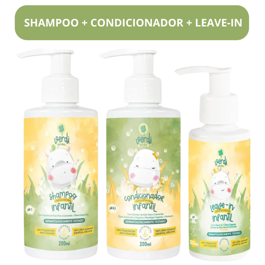 Shampoo + Condicionador Infantil Verdi Natural Extrato de Aloe Vera Camomila Pantenol 100% Natural em Oferta na Shopee