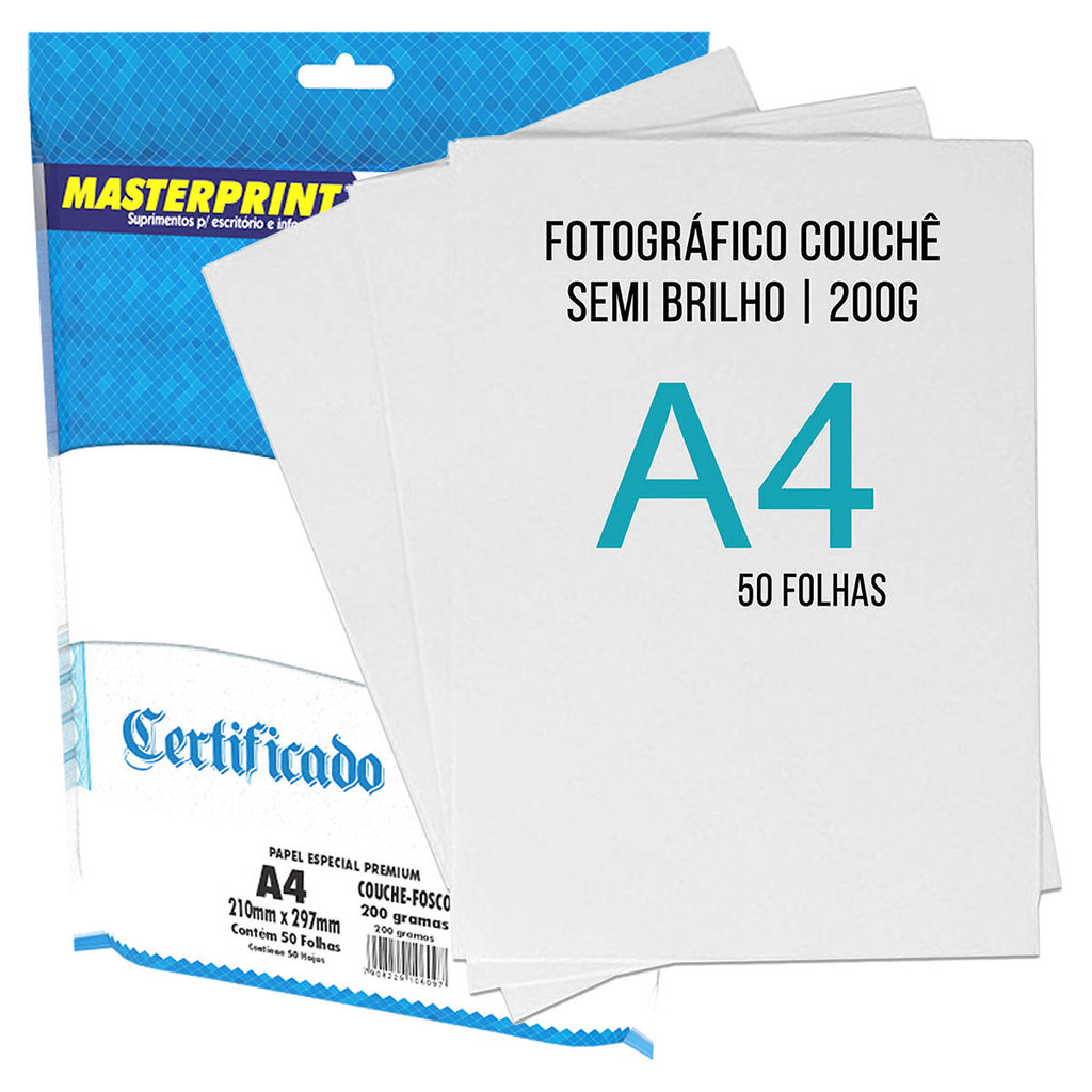 Papel Couche A4 200g Semi Brilho para Impressora Laser Masterprint Pacote com 50 Folhas