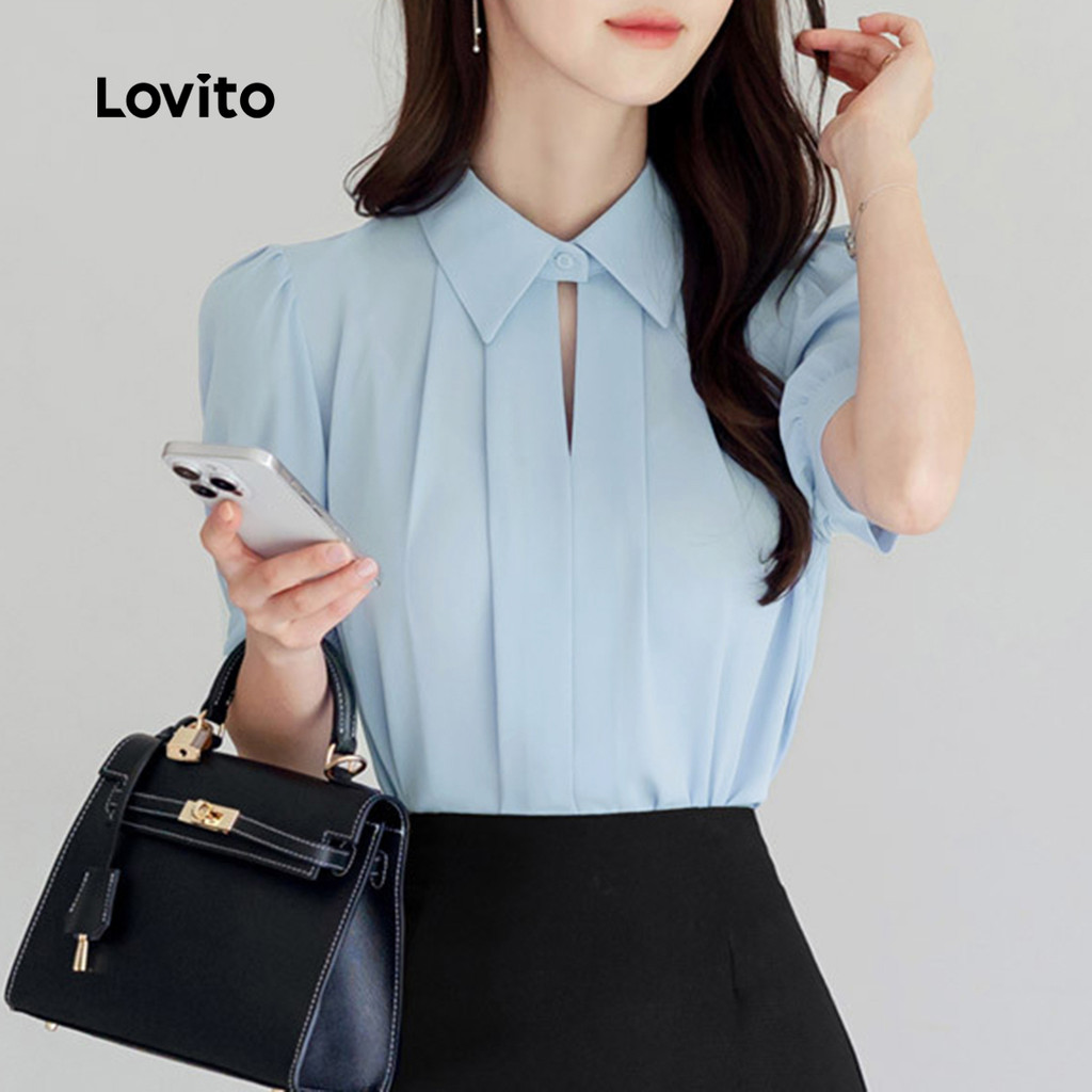 (Trendy) Lovito Blusa Elegante Lisa Com Botão Plissado Primavera/Verão Azul Para Mulheres L135A2D195 - Women Clothes