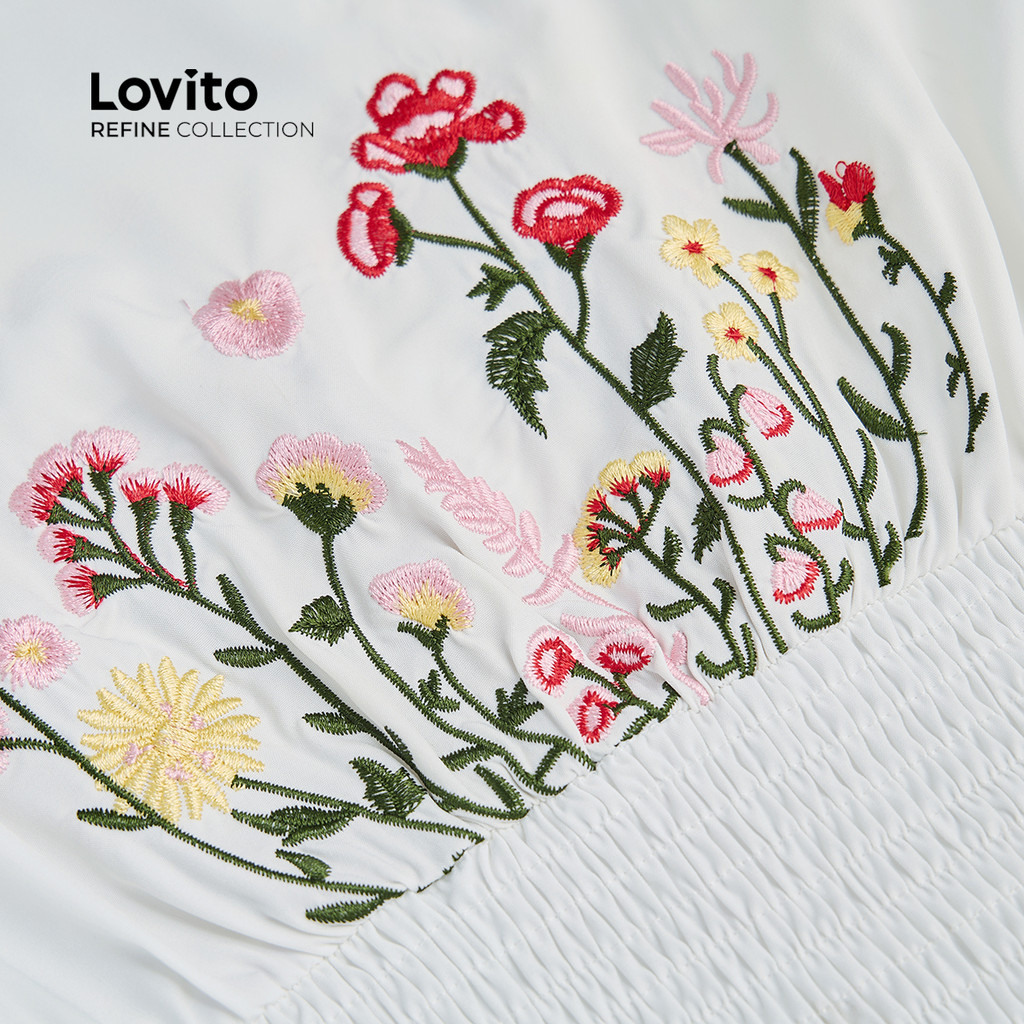 (Trendy) (Lovito Refine) Vestido Branco Elegante Com Bordado Liso Para Mulheres LR11LD070 - Women Clothes