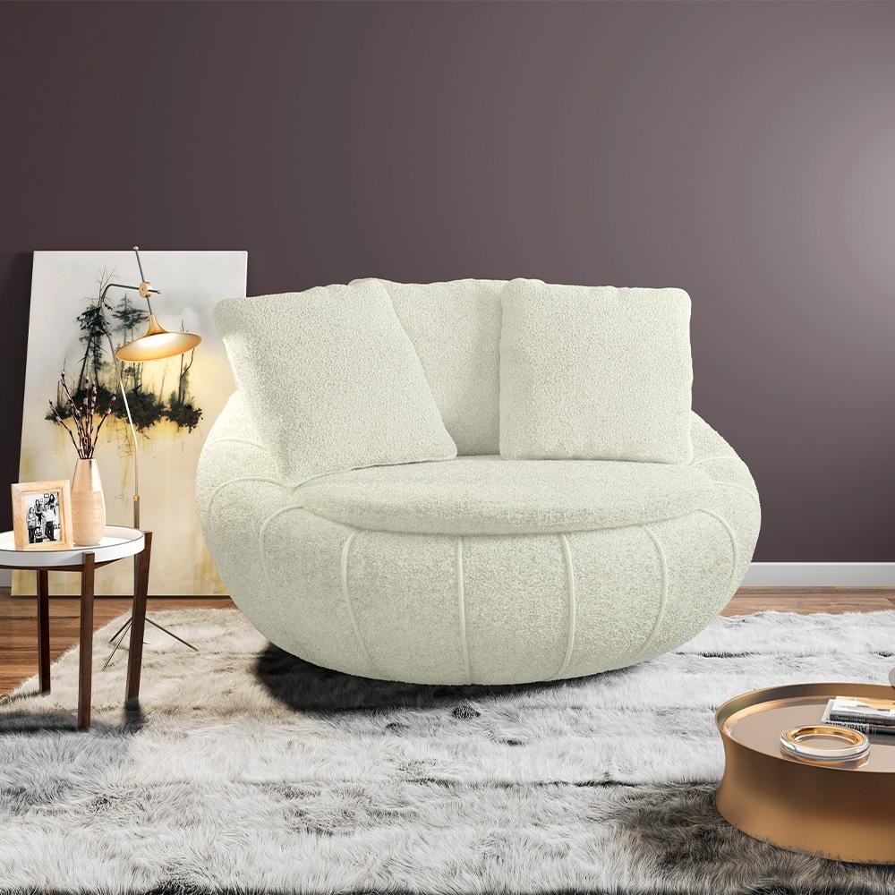 Imagem Poltrona Sala de Estar Afrodite com Almofadas Giratória Off White Bouclê G45 - Gran Belo