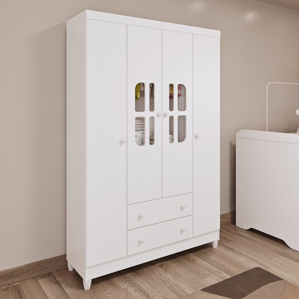 Guarda Roupa Infantil 4 Portas com Gavetas Gabrielle Branco 100% MDF Carolina Baby