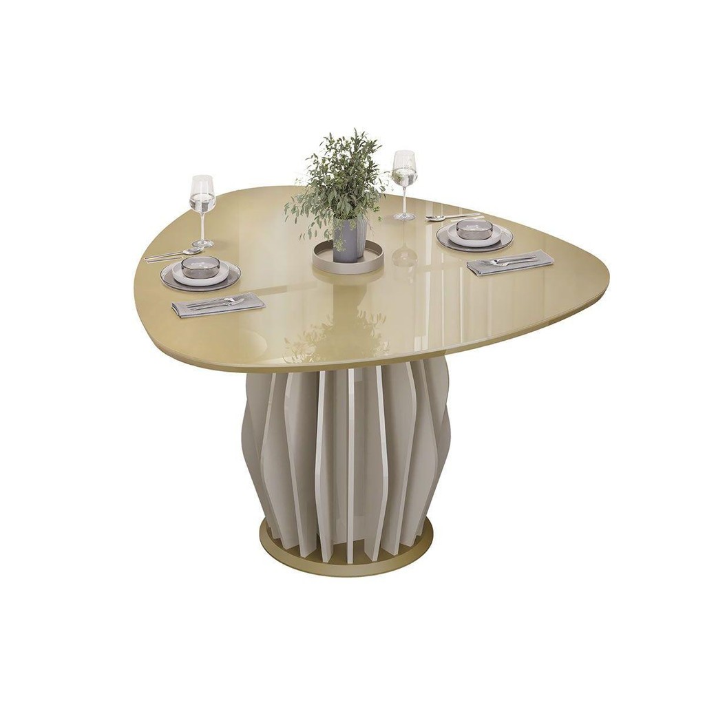 Mesa de Sala Jantar Tokyo c/ Tampo Madeirado c/ Vidro Orgânico 136x136cm Off White/Dourado - DJ Móveis em Oferta na Shopee