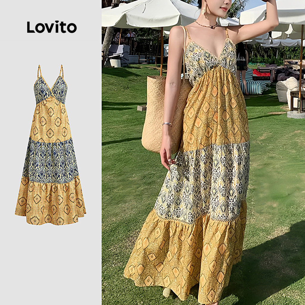 Detalhes do Lovito Boho Tropical Tecido Verão Primavera Vestido Multicolorido Para Mulheres L134ED217
