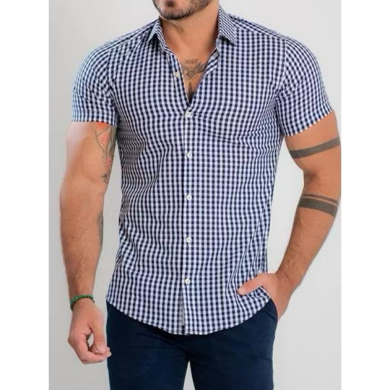 Camisa Xadrez Manga Curta Slim Estilo Verão Casual Respirável Preço Baixo Direto Da Fábrica