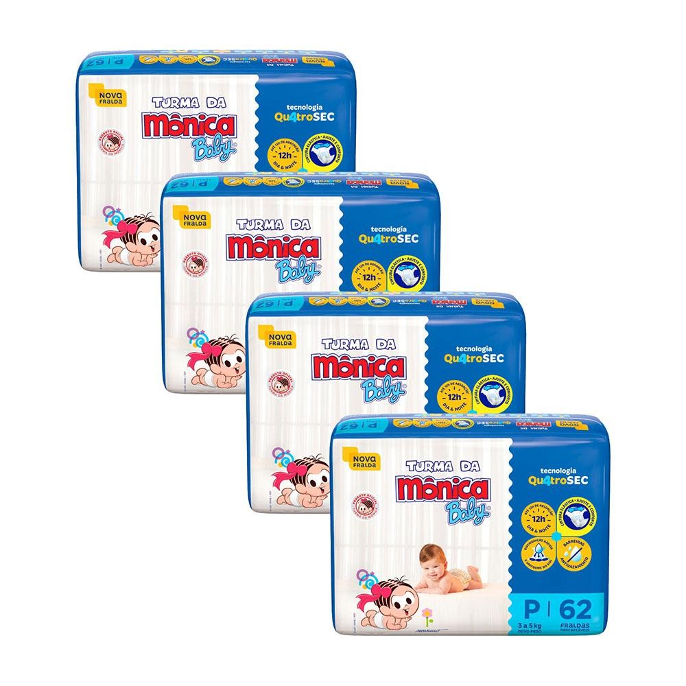Kit 4 Fraldas Turma da Mônica Baby Mega P com 62un cada em Oferta na Shopee