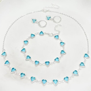 Conjunto de colar + pulseira e brincos de coração colorido feminino em banhado a prata 925