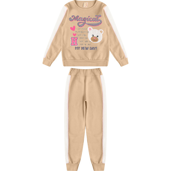 14706 - CONJUNTO INVERNO INFANTIL FEMININO CASACO MOLETOM COM RECORTE EM PELUCIA E CALCA MOLETOM COM RECORTE TAM 4 6 8
