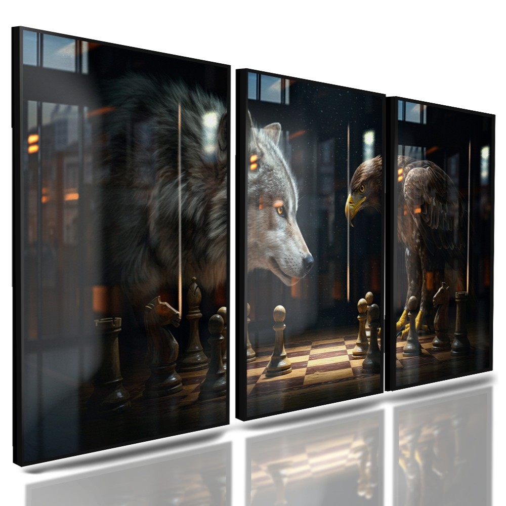 Quadros Decorativos 3 Peças Jogo de Xadrez Lobo Águia Sabedoria Inteligência Casa Sala Quarto Decoração Hall