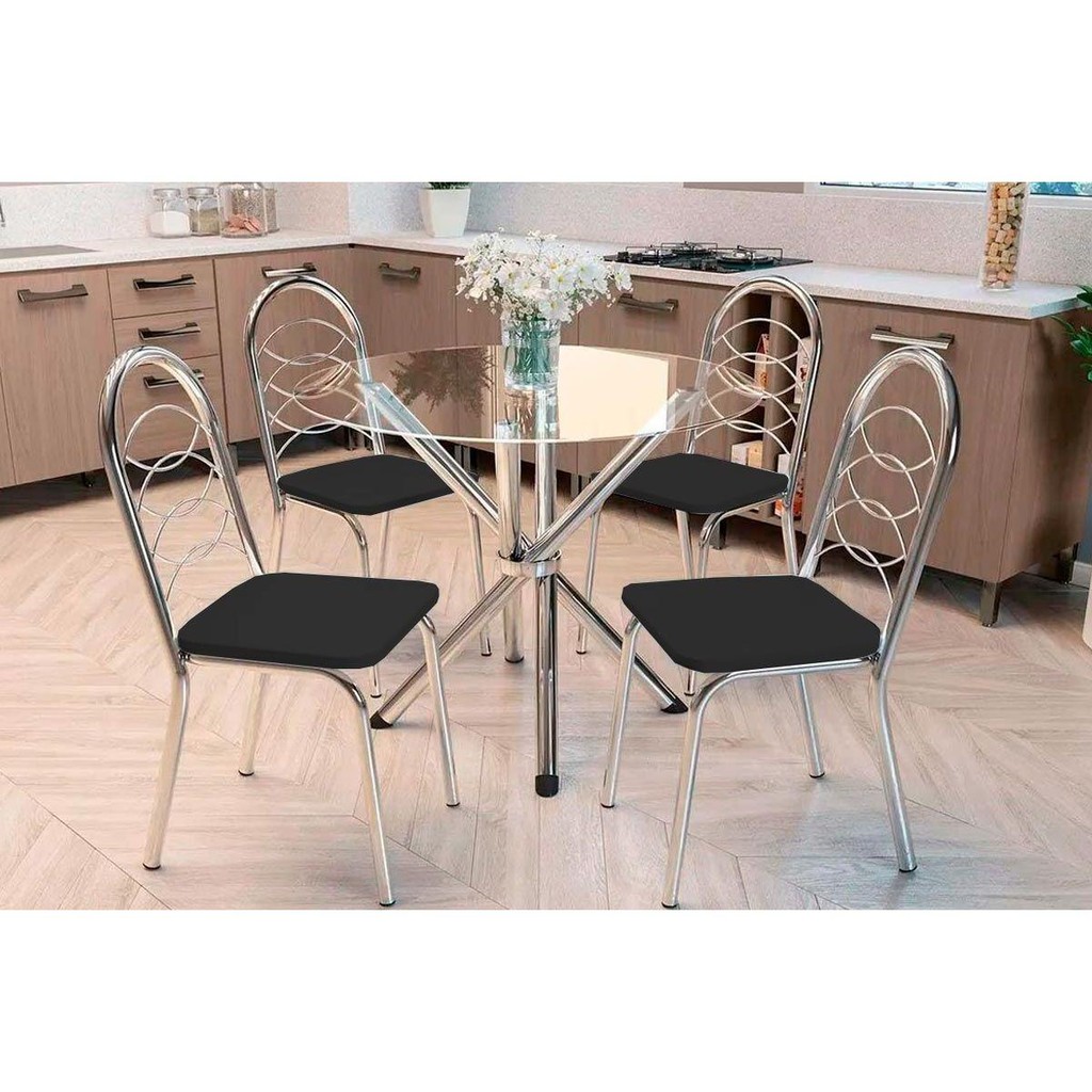 Sala de Jantar Completa Volga c/ Tampo de Vidro 95cm e 4 Cadeiras Holanda Cromada - Courano Preto - Kappesberg em Oferta na Shopee