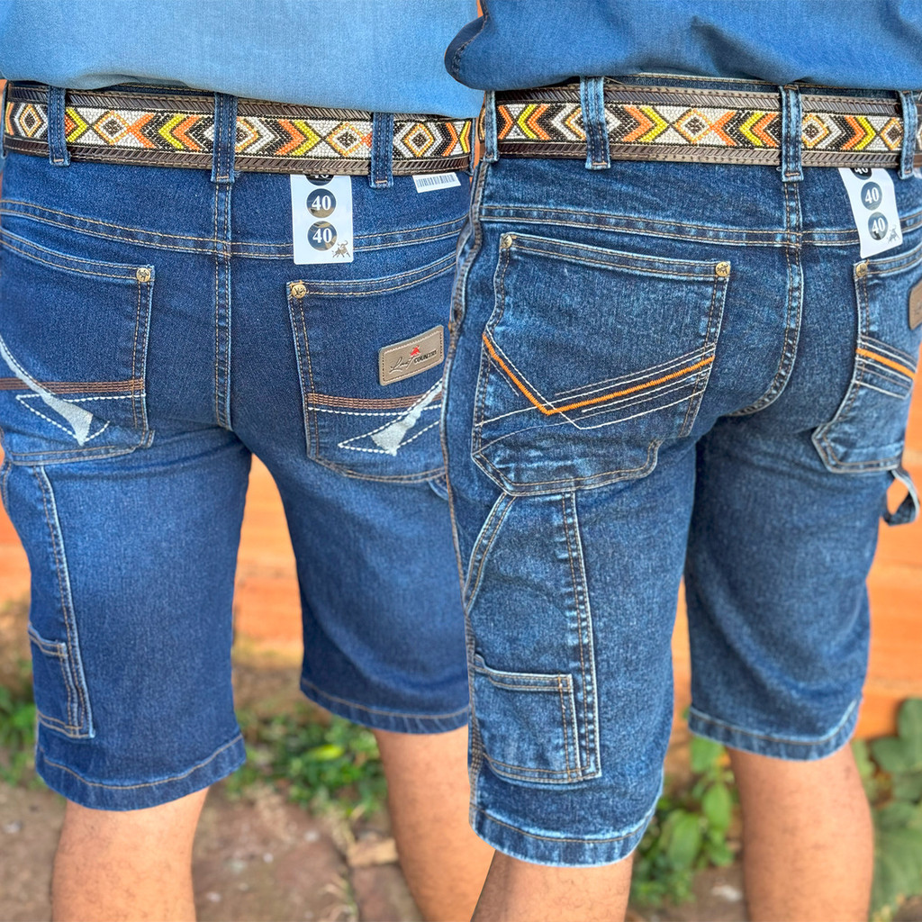 Bermuda Jeans Country Carpinteira Bolso Bordado Elastano