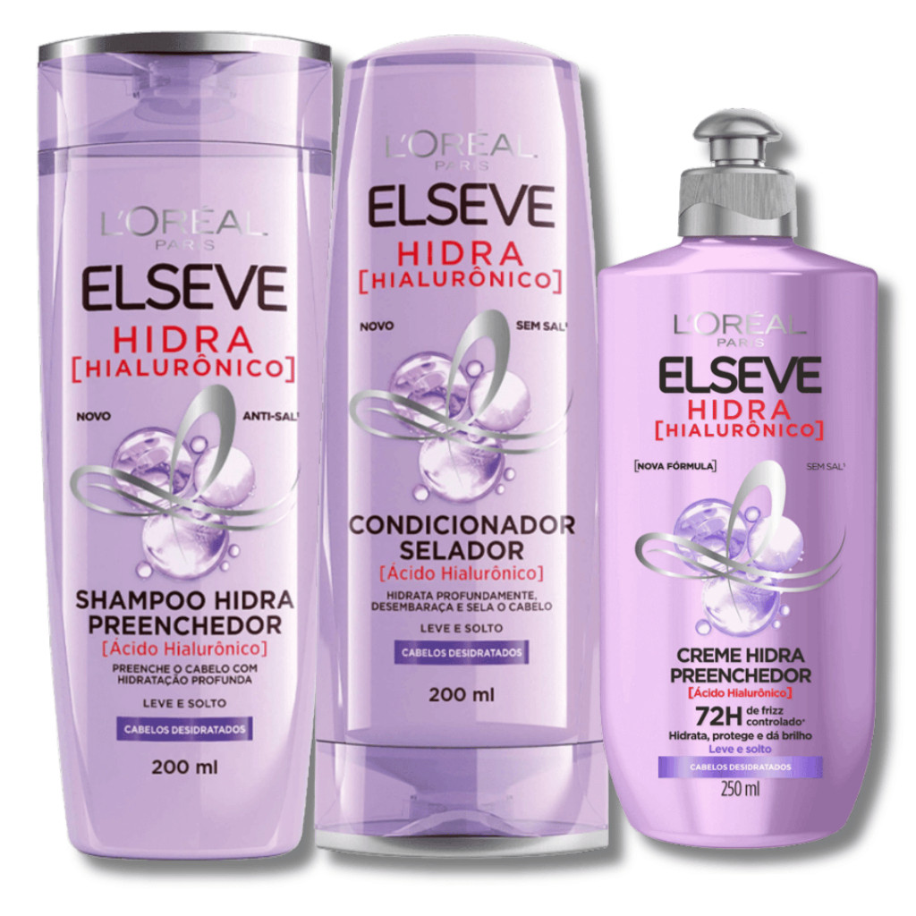 Kit Hidra Hialurônico Shampoo, Condicionador  e Creme de Pentear Elseve L'Oreal Paris em Oferta na Shopee