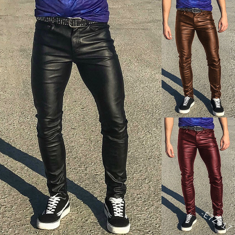 Calça De Couro PU Masculina Tamanho Grande P-5gg Moda Primavera Outono Casual Slim Elástica