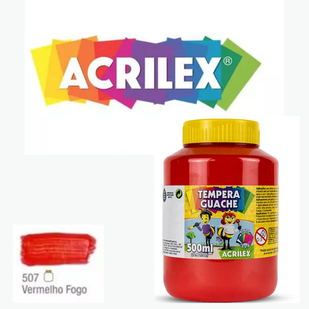 Tinta Guache 500ml Vermelho Fogo 507 Acrilex - 1 Pote